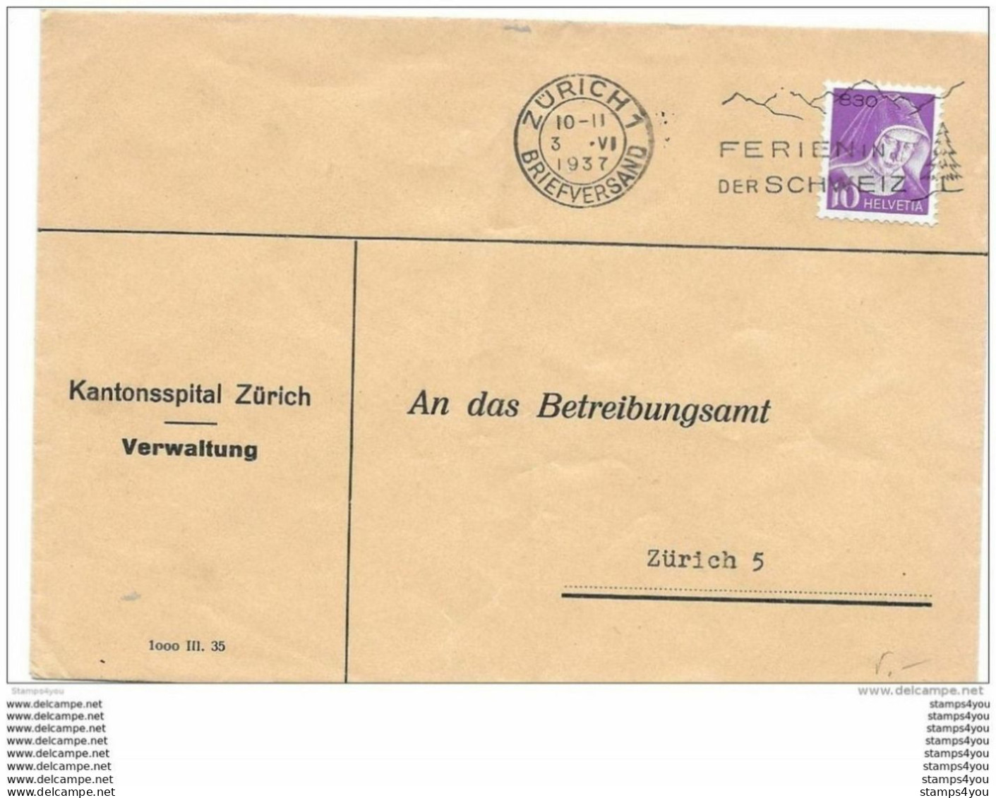 44 - 45 - Enveloppe  Kantonsspital Zürich  1937 -   Timbre De Franchise - Franchise