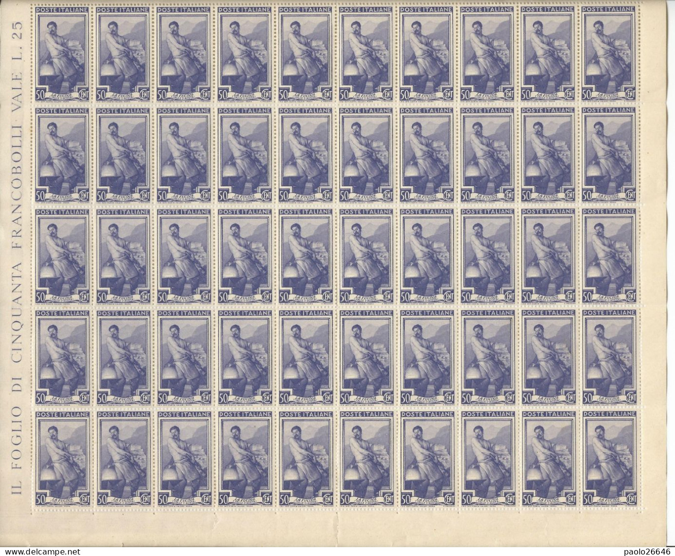 1950 Foglio Italia Al Lavoro 50 Cent Filigrana Ruota, MNH Gomma Integra - Fogli Completi