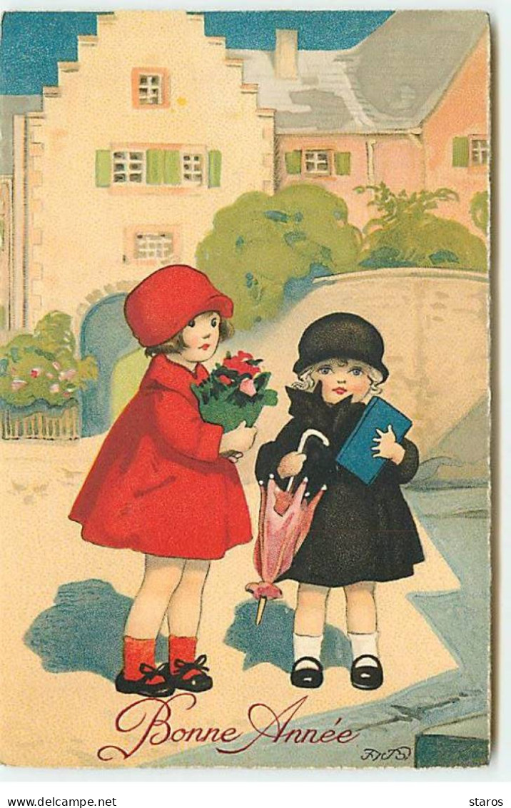 Illustrateur - F. Baumgarten - Bonne Année - Deux Fillettes, L'une Portant Un Parapluie Et Un Livre, L'autre Des Fleurs - Baumgarten, F.