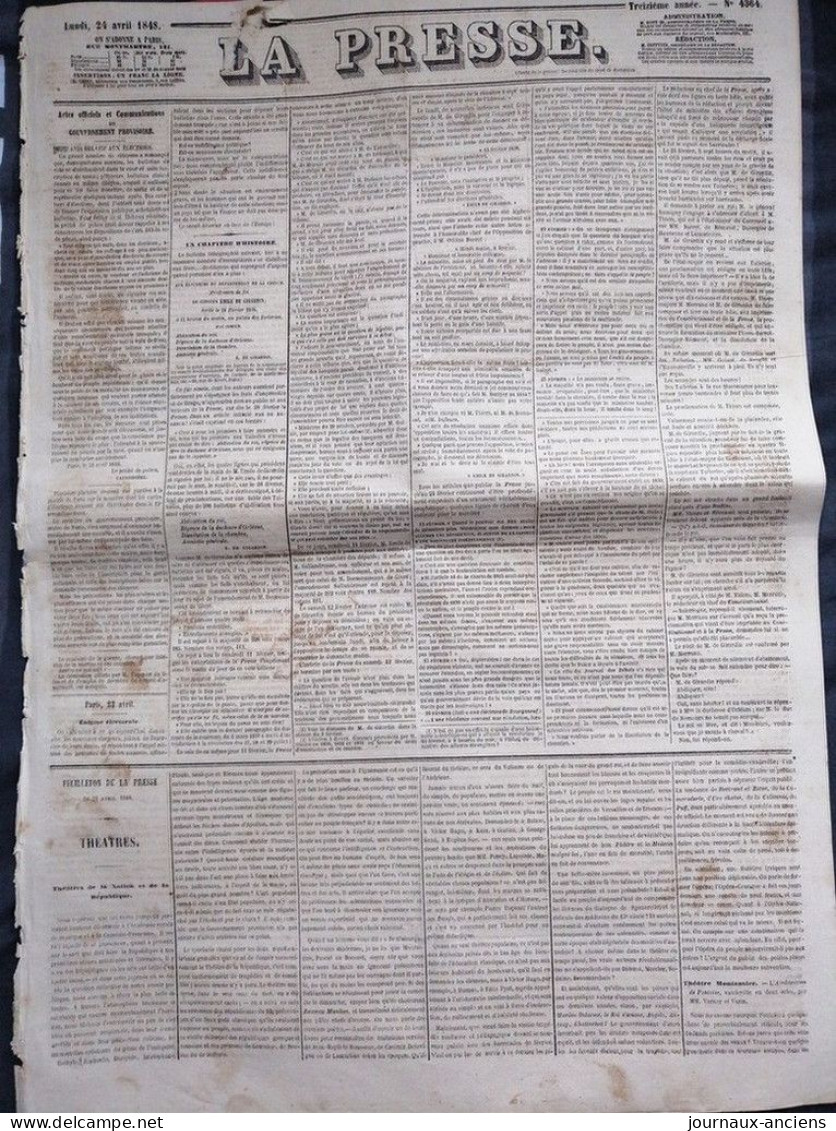 1848 THÉOPHILE GAUTIER - THÉÂTRE - LA PRESSE Du 24 AVRIL 1848 - GOUVERNEMENT PROVISOIRE - 1800 - 1849