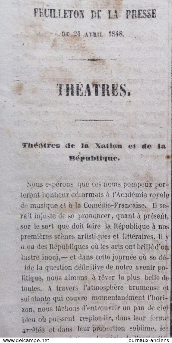 1848 THÉOPHILE GAUTIER - THÉÂTRE - LA PRESSE Du 24 AVRIL 1848 - GOUVERNEMENT PROVISOIRE - 1800 - 1849