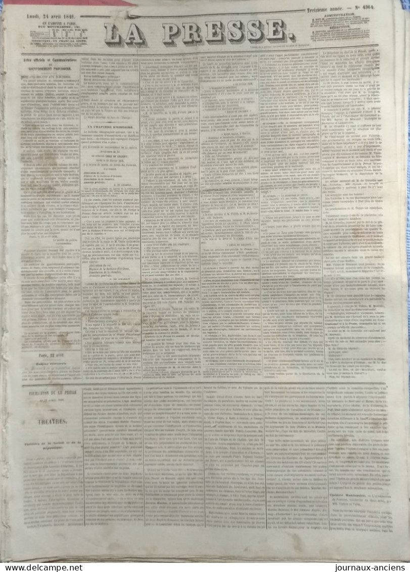 1848 THÉOPHILE GAUTIER - THÉÂTRE - LA PRESSE Du 24 AVRIL 1848 - GOUVERNEMENT PROVISOIRE - 1800 - 1849