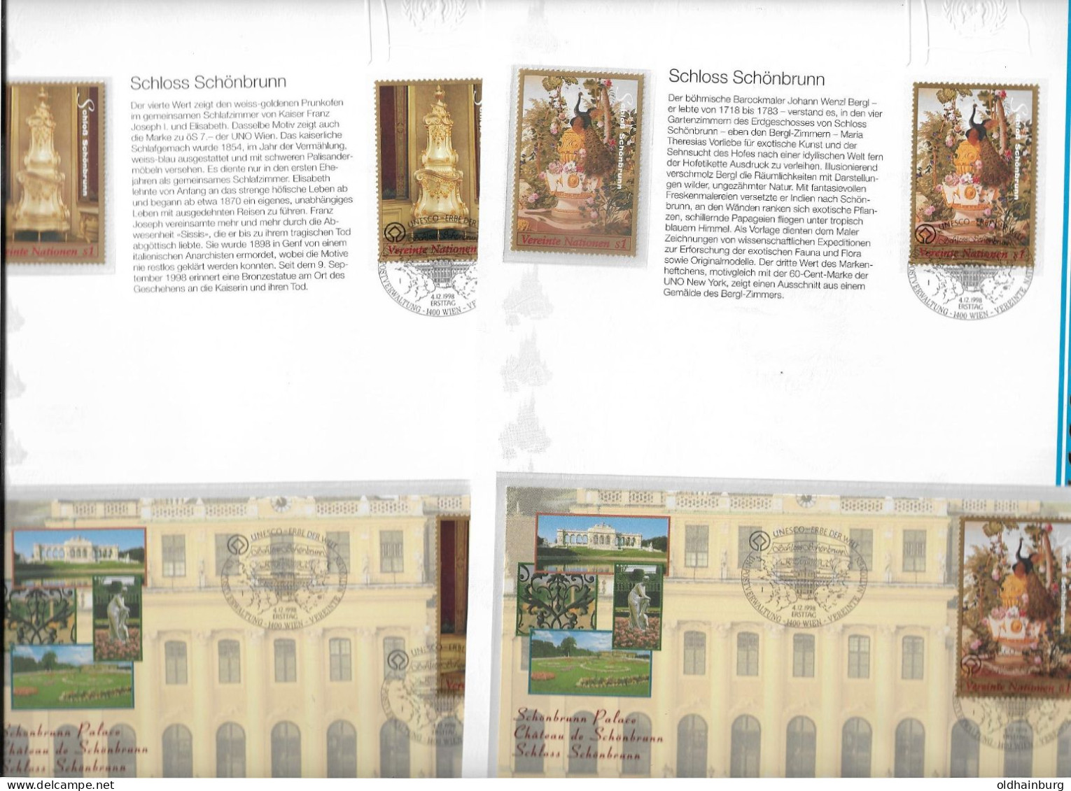 2008m: UNO Wien 1998, Schloss Schönbrunn, Serie ANK 271- 278 Je **/o/ FDC Auf 8 ETBs (ANK 43.-) - Château De Schönbrunn
