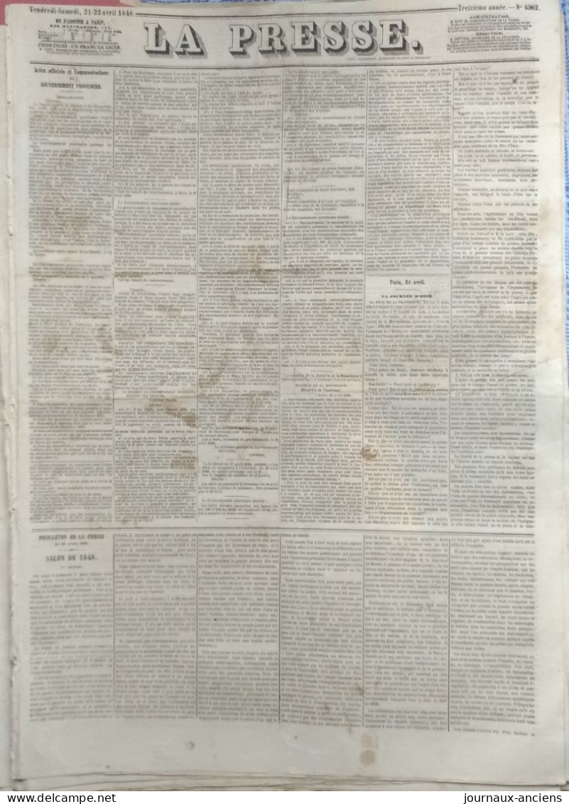 1848 LA PRESSE Du 21-22 AVRIL - RÉVOLUTION 1848 - THÉOPHILE GAUTIER - SALON 1848 - GOUVERNEMENT PROVISOIRE - 1800 - 1849