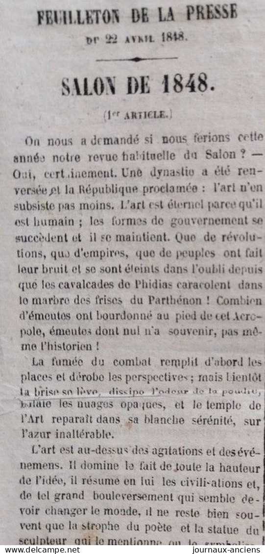 1848 LA PRESSE Du 21-22 AVRIL - RÉVOLUTION 1848 - THÉOPHILE GAUTIER - SALON 1848 - GOUVERNEMENT PROVISOIRE - 1800 - 1849