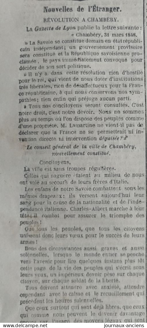 1848 Journal " LA PRESSE " - RÉVOLUTION 1848 - REVOLUTION À CHAMBERY - 1800 - 1849