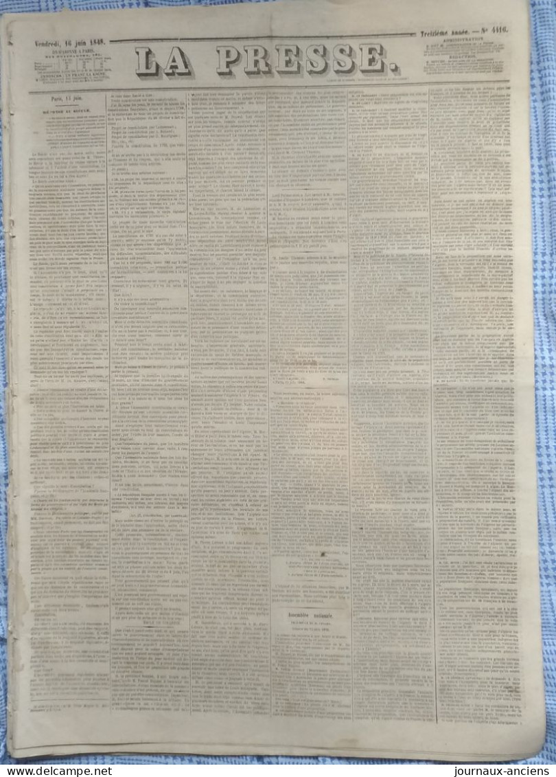 1848 Journal " LA PRESSE "  Du 16 Juin - Émilie GIRARDIN RÉPONSE AU SIÈCLE - 1800 - 1849