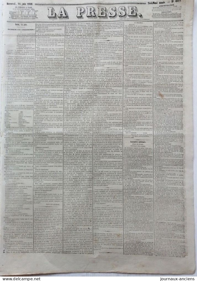 1848 Journal " LA PRESSE " Du 14 Juin - POURQUOI UNE CONSTITUTION - TROUBLES DANS LE GERS - VICTOR HUGO - LAMARTINE - 1800 - 1849