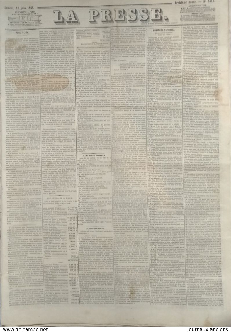 Journal LA PRESSE Du 10 Juin 1848 - L'ANARCHIE PARTOUT - LA BANQUEROUTE - 1800 - 1849