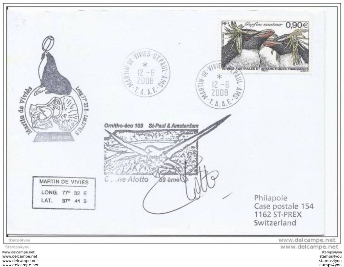 31-76 - Enveloppe St Paul Amsterdam - Cachet Ornitho-éco 2008 - Faune Antarctique