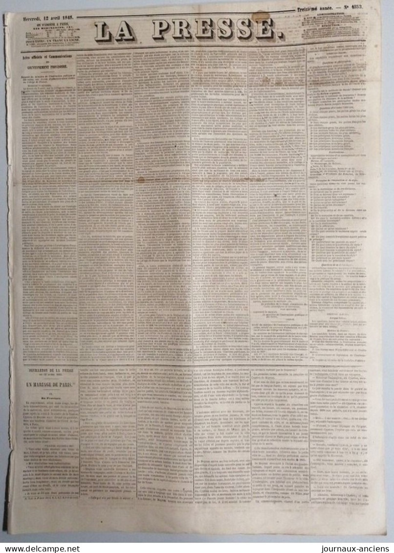 1848 Journal LA PRESSE - ARMAND MARRAST - GOUVERNEMENT PROVISOIRE -DÉMONSTRATION CHARTISTE - MAIRES D'ARRONDISSEMENT - 1800 - 1849