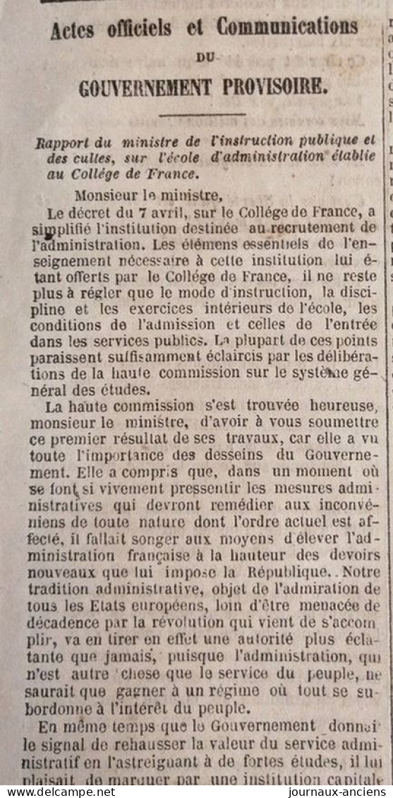 1848 Journal LA PRESSE - ARMAND MARRAST - GOUVERNEMENT PROVISOIRE -DÉMONSTRATION CHARTISTE - MAIRES D'ARRONDISSEMENT - 1800 - 1849