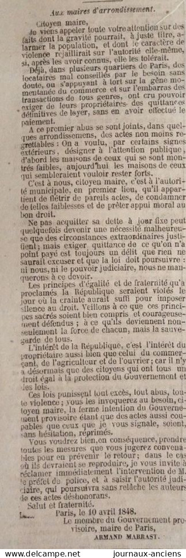 1848 Journal LA PRESSE - ARMAND MARRAST - GOUVERNEMENT PROVISOIRE -DÉMONSTRATION CHARTISTE - MAIRES D'ARRONDISSEMENT - 1800 - 1849
