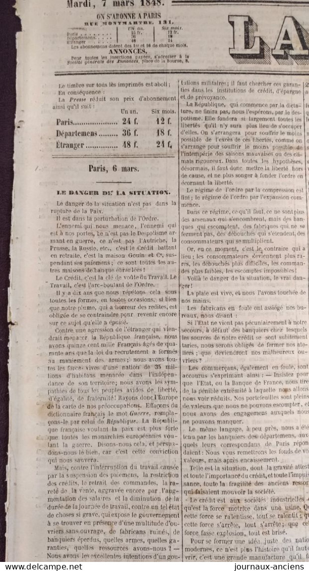 Journal " LA PRESSE " Du 7 Mars 1848 - RÉVOLUTION - GOUVERNEMENT PROVISOIRE - LE DANGER DE LA SITUATION - Ohne Zuordnung