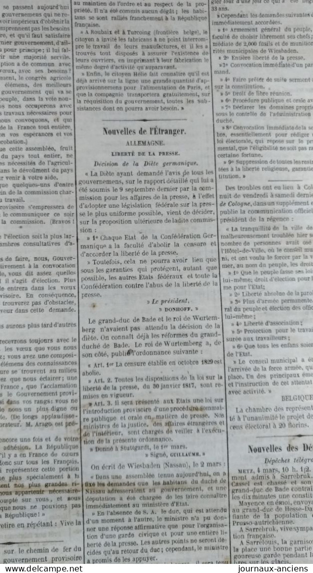 Journal " LA PRESSE " du 7 Mars 1848 - RÉVOLUTION - GOUVERNEMENT PROVISOIRE - LE DANGER DE LA SITUATION