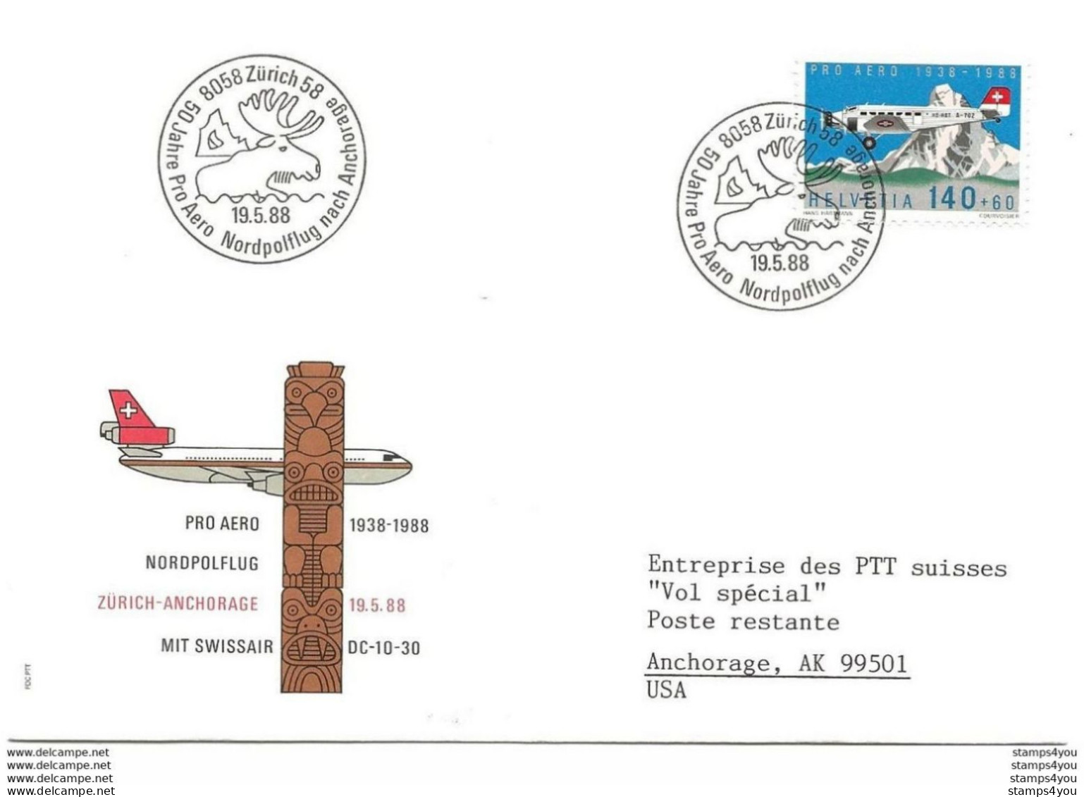 291 - 2 - Enveloppe "50 Ans Vol Polaire Vers Anchorage" 1988 - Polar Flights
