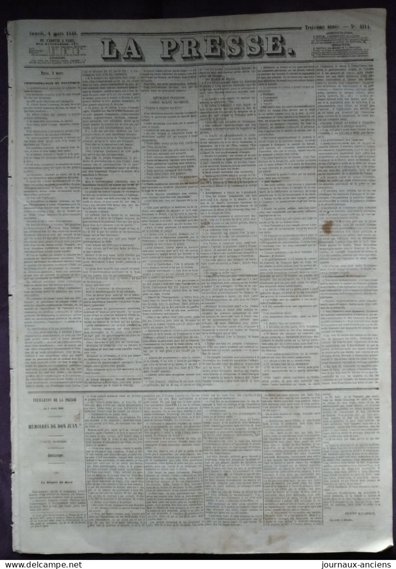 1848 " LA PRESSE " Du 4 Mars  - RÉVOLUTION  NOUVELLE - GOUVERNEMENT PROVISOIRE - CHEMINS DE FER DE PARIS ROUEN LE HAVRE - 1800 - 1849