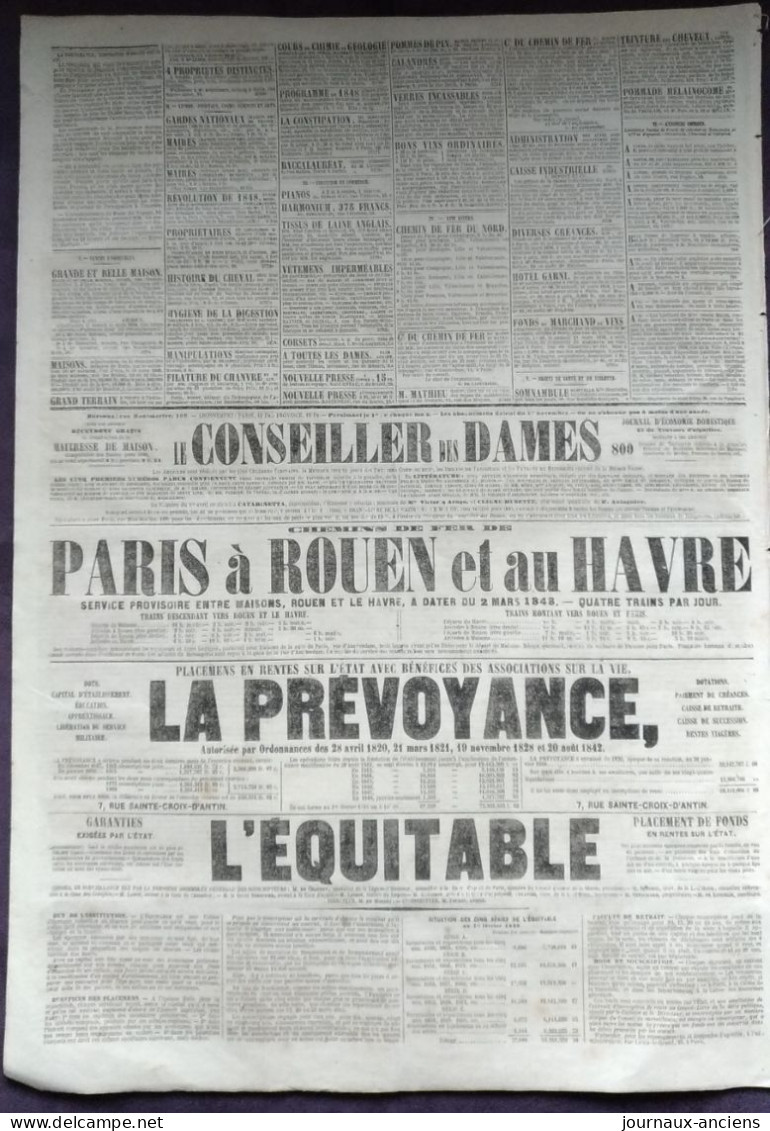 1848 " LA PRESSE " Du 4 Mars  - RÉVOLUTION  NOUVELLE - GOUVERNEMENT PROVISOIRE - CHEMINS DE FER DE PARIS ROUEN LE HAVRE - 1800 - 1849