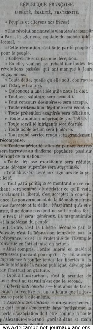 1848 " LA PRESSE " Du 4 Mars  - RÉVOLUTION  NOUVELLE - GOUVERNEMENT PROVISOIRE - CHEMINS DE FER DE PARIS ROUEN LE HAVRE - 1800 - 1849