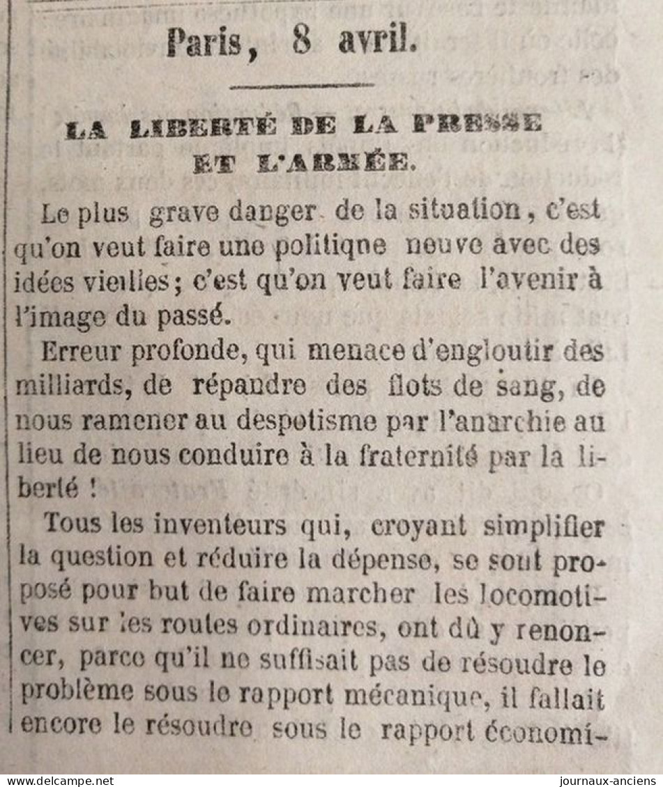 1848 Journal LA PRESSE - GOUVERNEMENT PROVISOIRE. - LA LIBERTÉ DE LA PRESSE ET L'ARMÉE - AGITATION CHARTISTE À LONDRES - 1800 - 1849