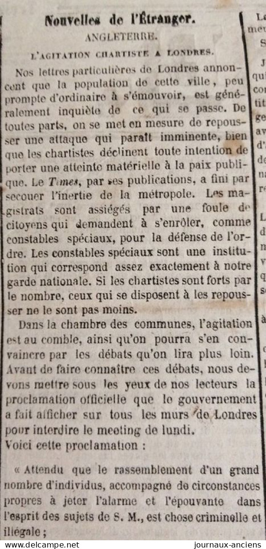 1848 Journal LA PRESSE - GOUVERNEMENT PROVISOIRE. - LA LIBERTÉ DE LA PRESSE ET L'ARMÉE - AGITATION CHARTISTE À LONDRES - 1800 - 1849