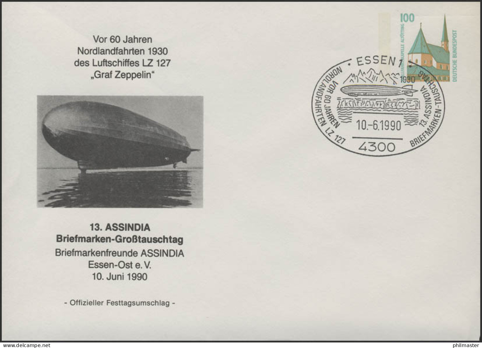 PP 290 SWK 100 Pf. ASSINDIA Luftschiff LZ 127 Graf Zeppelin, SSt Essen 10.6.1990 - Private Covers - Mint