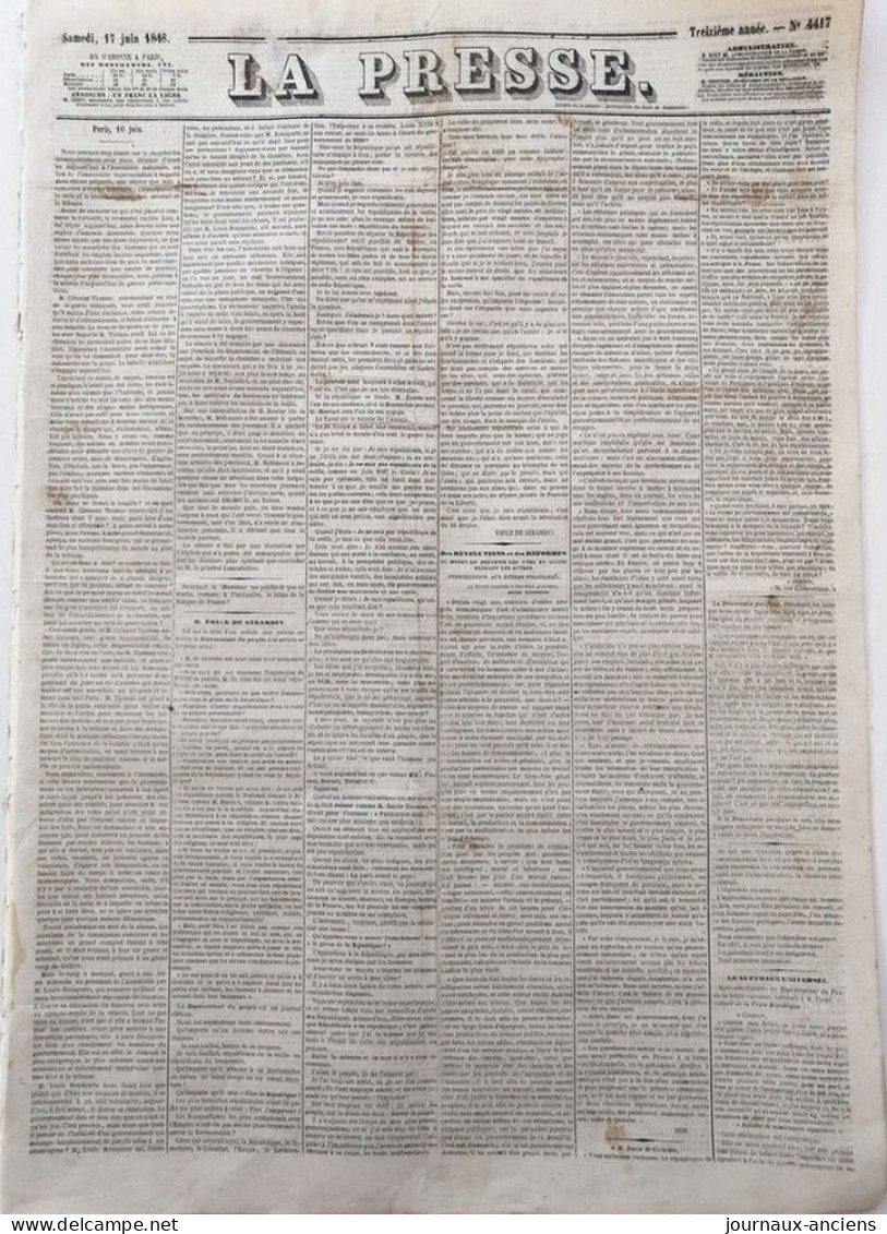 1848 Journal LA PRESSE Du 17 Juin - DES RÉVOLUTIONS ET DES RÉFORMES - FOND DE GIVONNE (08) - LE HAVRE CONSUL D'AMÉRIQUE - Ohne Zuordnung