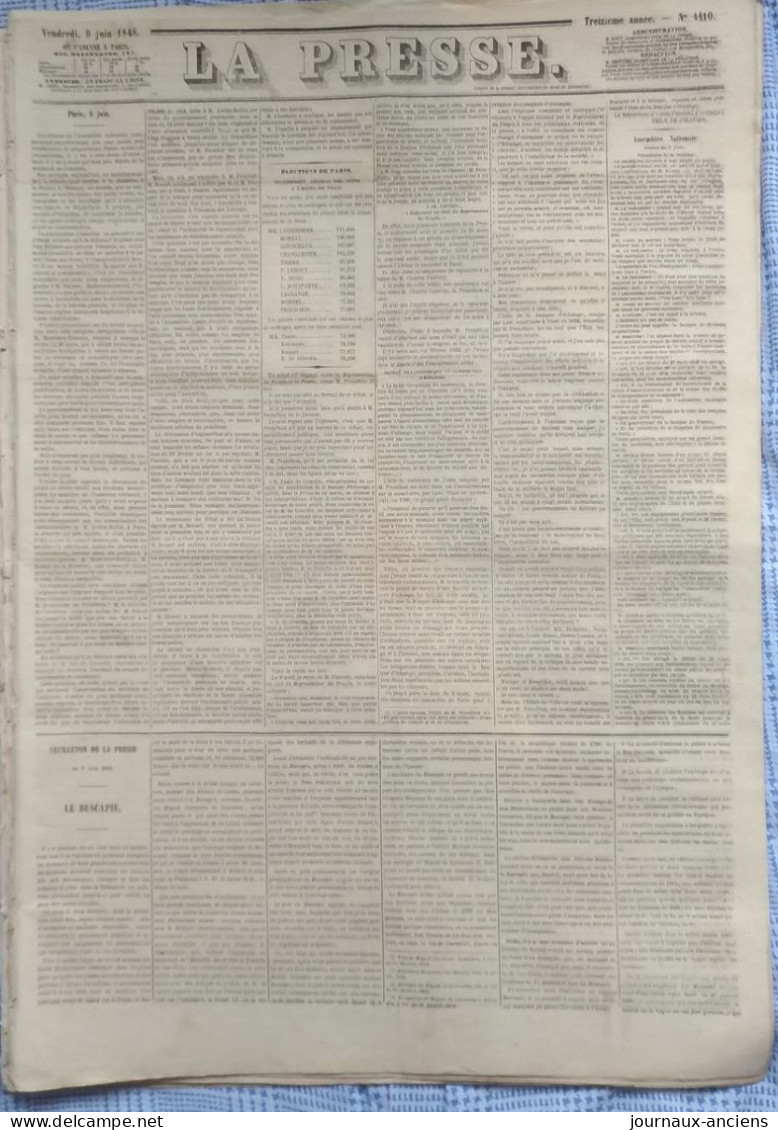 Journal LA PRESSE Du 9 Juin 1848 - ÉLECTIONS DE PARIS - RECENSEMENT GÉNÉRAL DES VOTES - 1800 - 1849