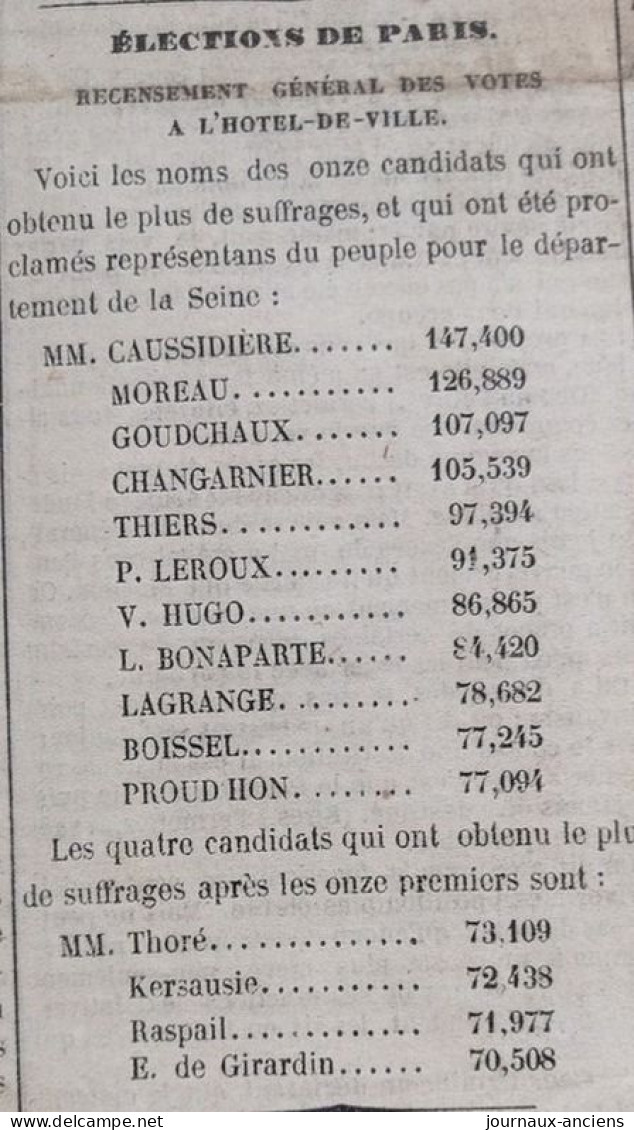 Journal LA PRESSE Du 9 Juin 1848 - ÉLECTIONS DE PARIS - RECENSEMENT GÉNÉRAL DES VOTES - 1800 - 1849