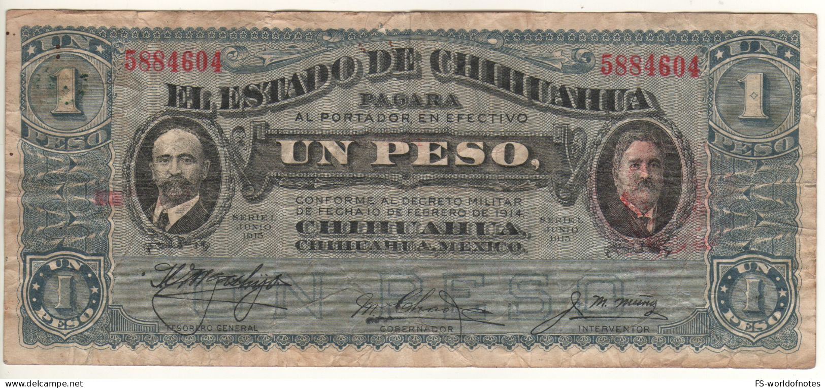 MEXICO   1 Peso  "El Estado De Chihuahua"  PS530e   Serie 1915   ( Francisco Ignacio Madero & A. González ) - Mexique