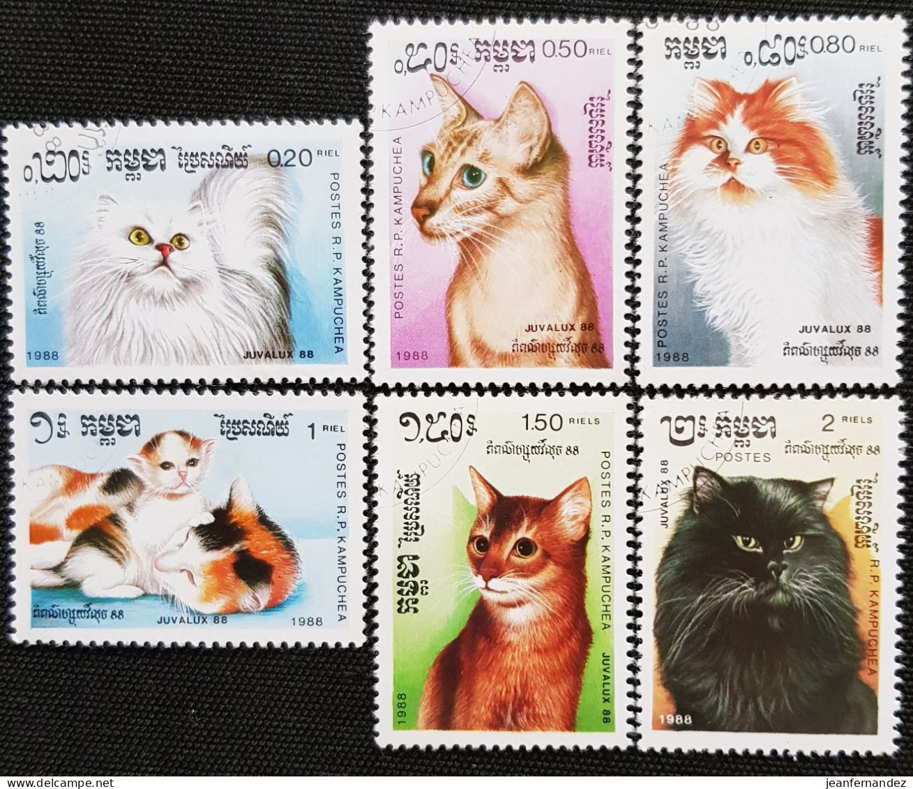 Cambodge 1988 International Stamp Exhibition "Juvalux '88" - Luxembourg, Europe - Cats   Stampworld N° 949 à 954 - Kambodscha