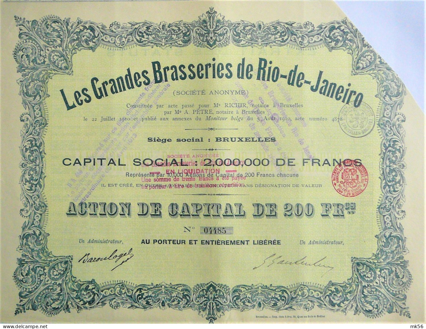 S.A.Les Grandes Brasseries Rio-de-Janeiro - Action De Capital 200f  (1910) - Tourism