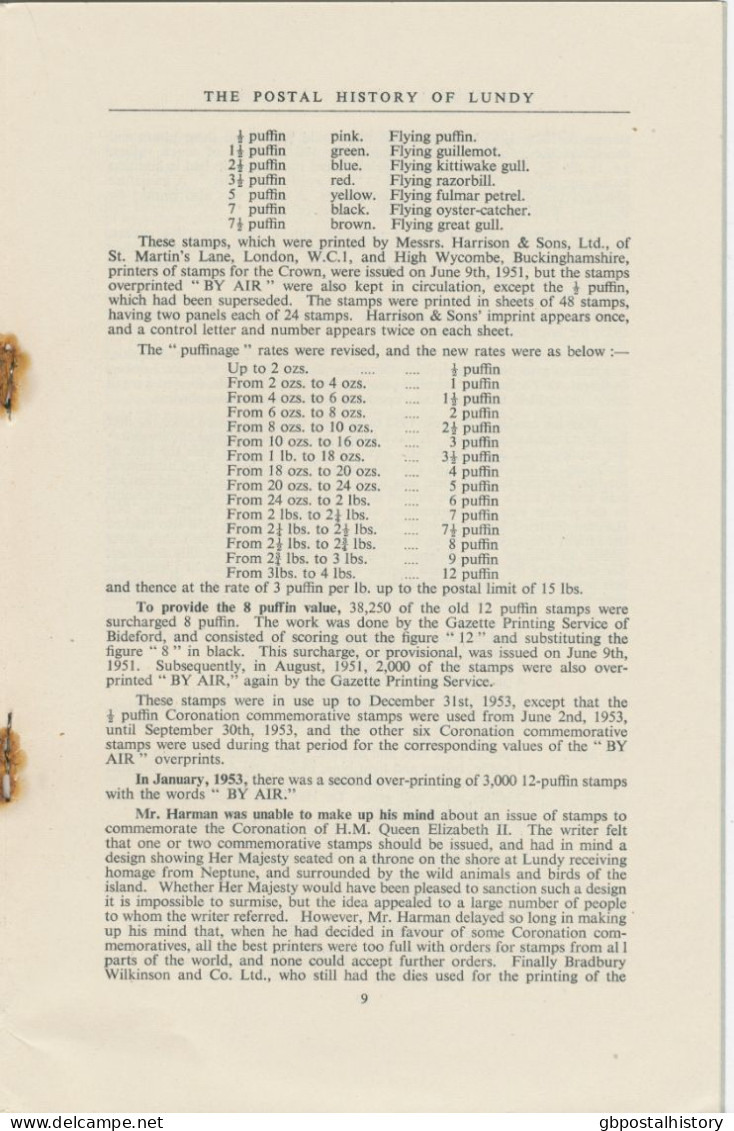 GB The Postal History Of Lundy By F.W. Gade, 1957, 15 Pages, Gazette Printing Service, Bideford – Rust Stains Otherwise - Handbücher