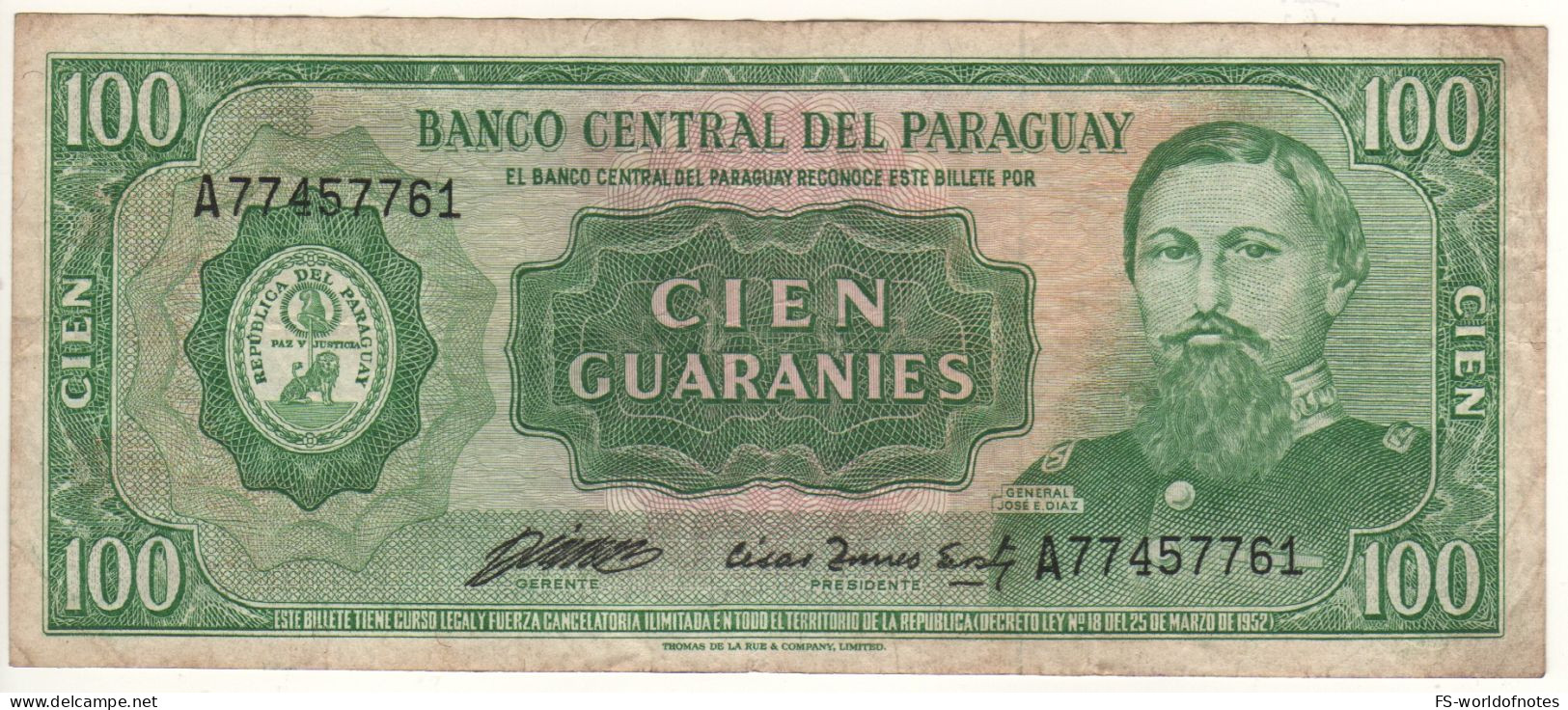 PARAGUAY   100 Guaranis  P205   (dated  1982)   General José E. Díaz + Ruins At Back - Paraguay