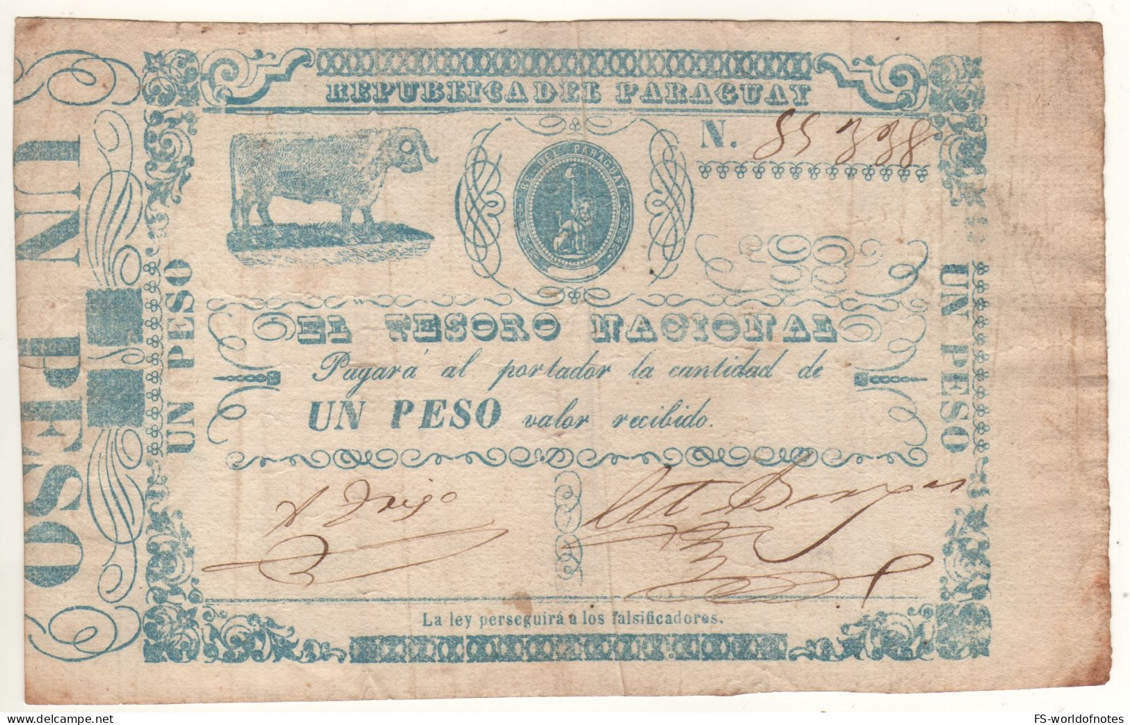 PARAGUAY   1 Peso   P21   ( ND 1865)      Bull At Left Side - Paraguay