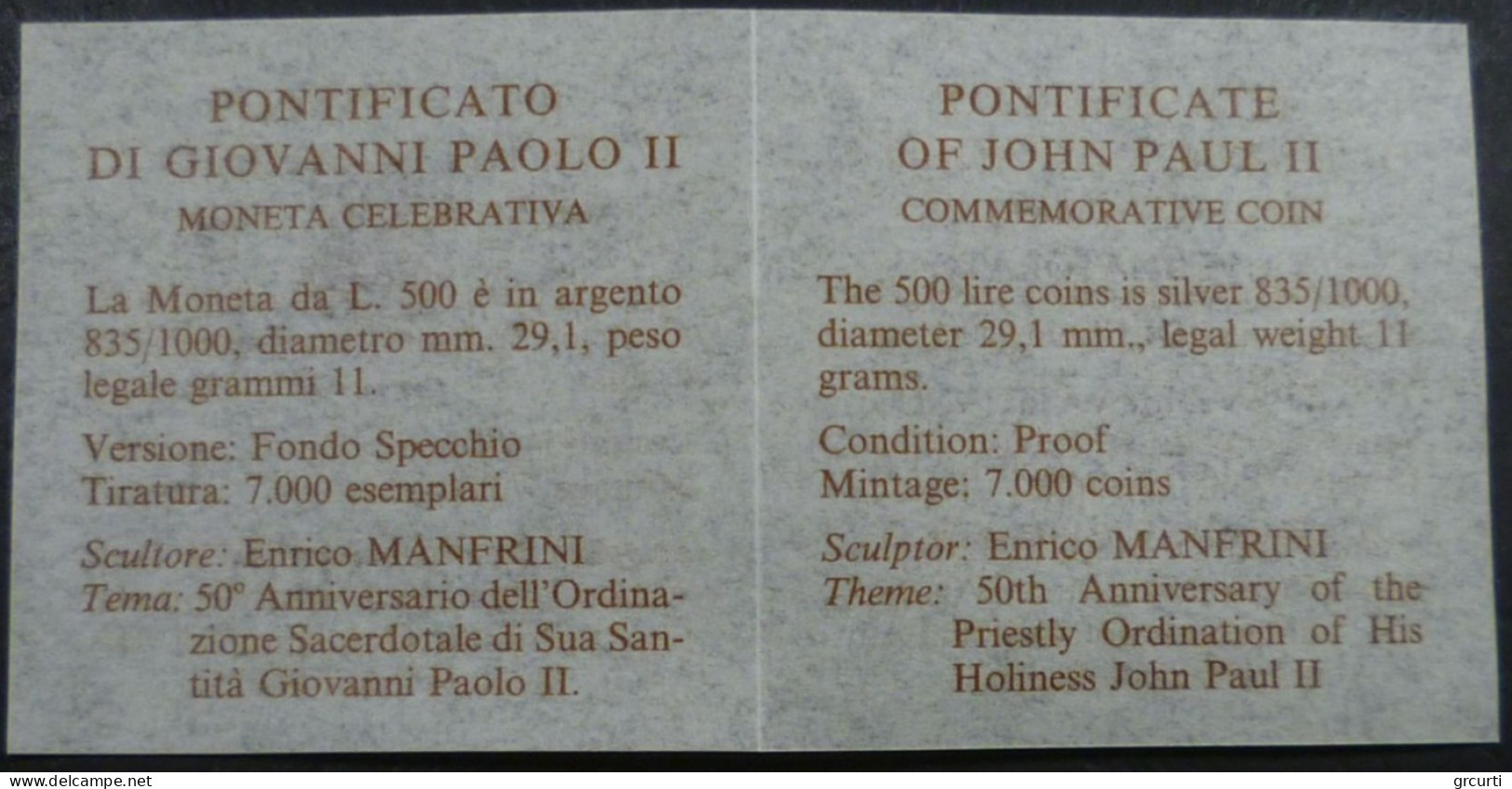 Vaticano - 500 Lire 1996 - 50° Sacerdozio Di Sua Santità Giovanni Paolo II - Gig. 329 - KM# 269 - Vaticano