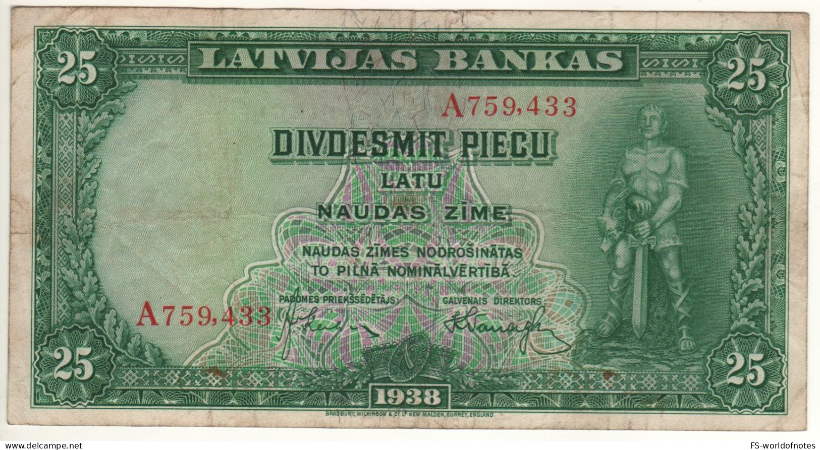 LATVIA  25  Latu    P21    1938   ( National Hero Lacplesis On Front + River At Back ) - Lettonie