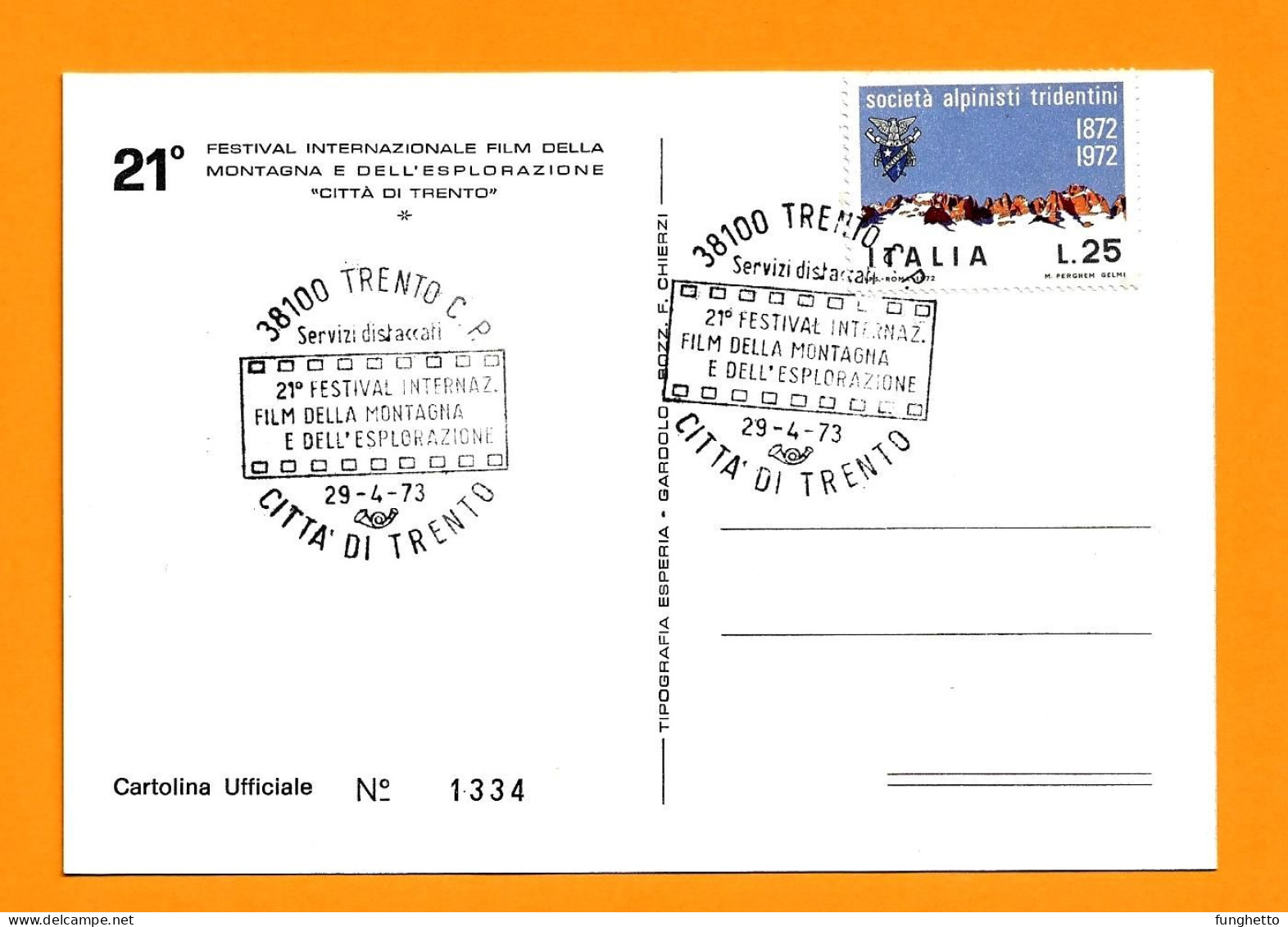 Cartolina Ufficiale TRENTO 21°FILM FESTIVAL MONTAGNA Con Annullo Speciale Trento 29/4/1973 - Arrampicata