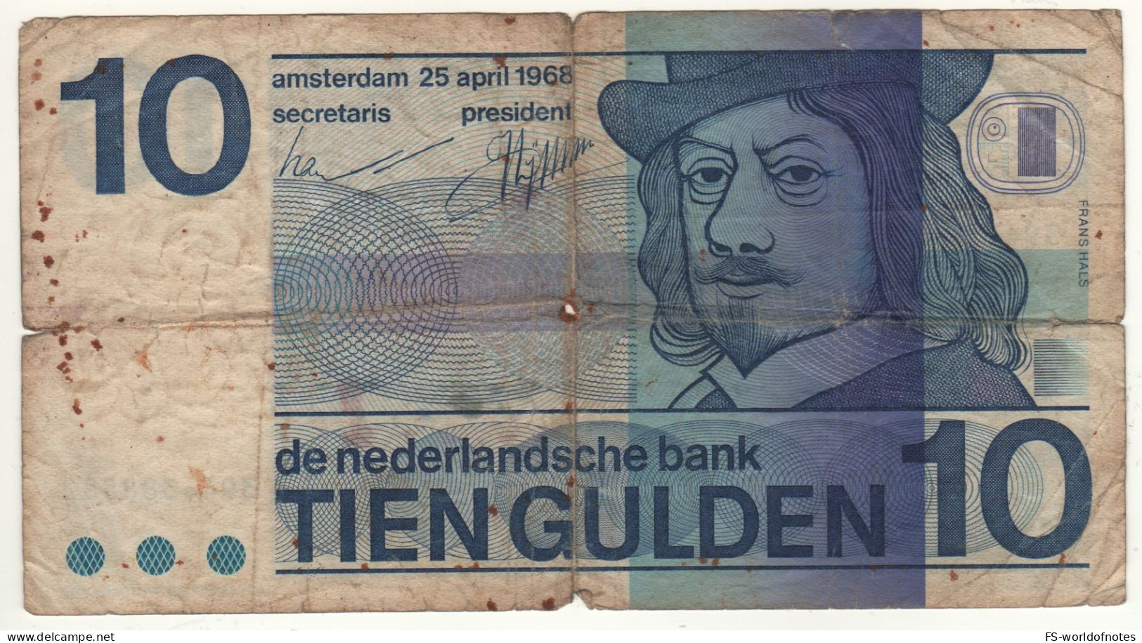 NETHERLANDS  10  Gulden   P91b   Dated   25.04.1968   ( Frans Hals ) - 10 Florín Holandés (gulden)