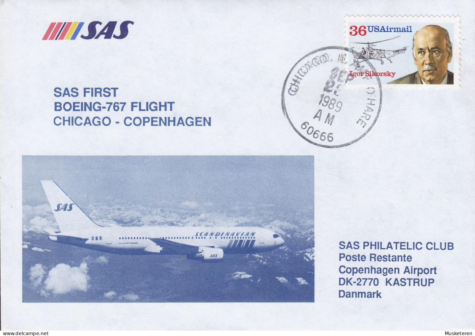 United States SAS First BOEING-767 Flight CHICAGO-COPENHAGEN 1989 Cover Brief Lettre Igor Sikorsky Helicopter Stamp - Enveloppes évenementielles