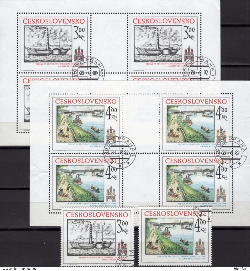 Donau-Brücke 1982 Bratislava CSSR 2677/8+2x KB O 18€ Rad-Dampfer Hoja Ship Ss Blocs Bridge Sheetlets Bf Tschechoslowakei - Used Stamps