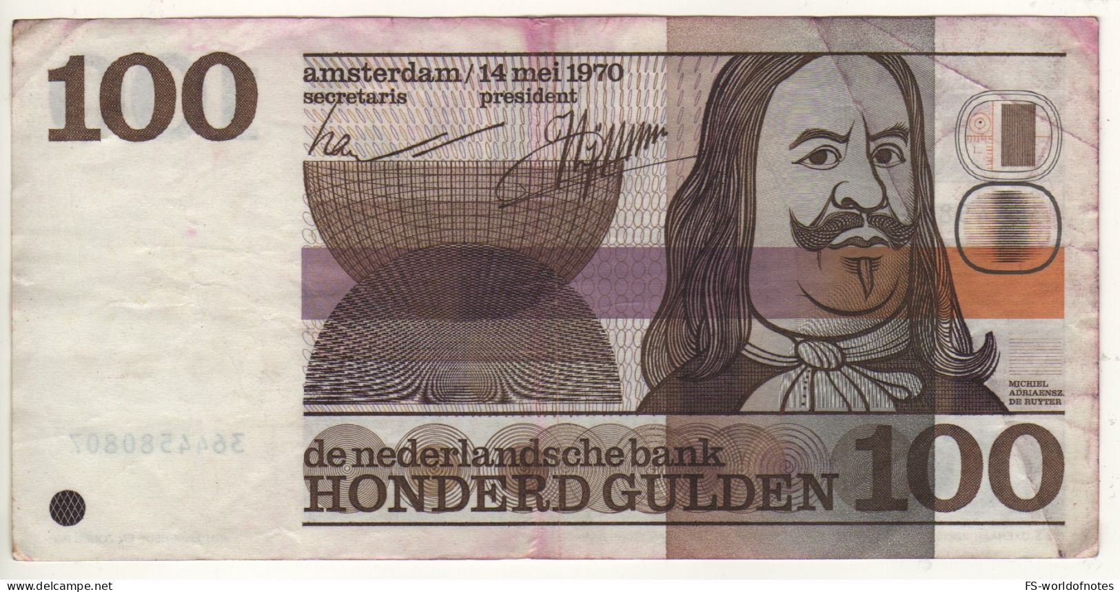 NETHERLANDS  100  Gulden   P93   Dated   14.05.1970   ( Michiel Adriaenszoon De Ruyter ) - 100 Florín Holandés (gulden)