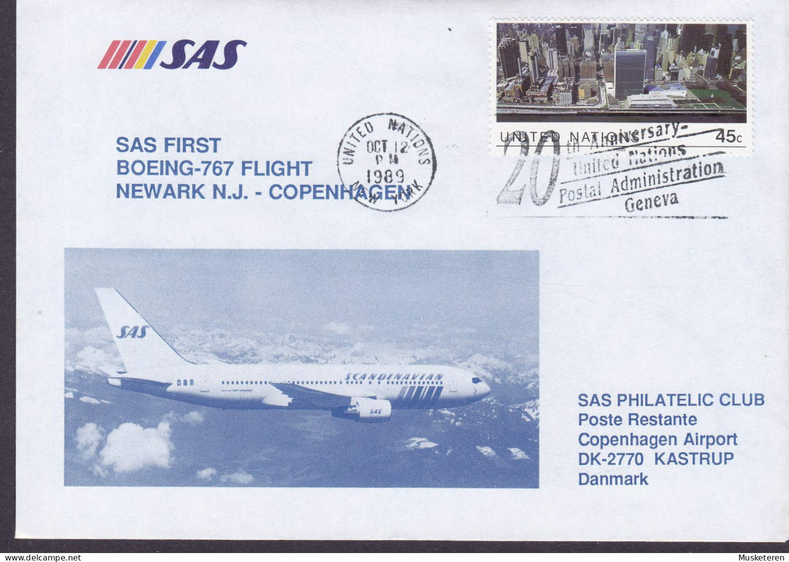 United Nations SAS First BOEING-767 Flight NEWARK N.J.-COPENHAGEN 1989 Cover Brief Lettre United Nations Building - Luftpost