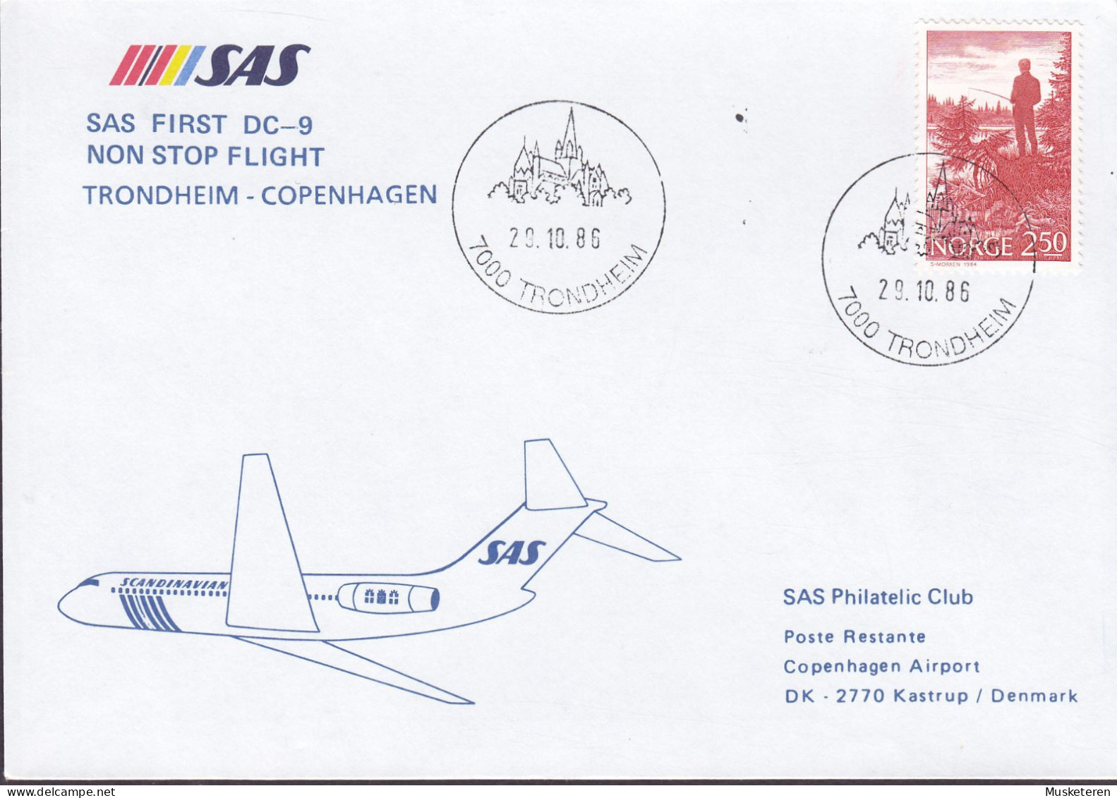 Norway SAS First DC-9 Flight TRONDHEIM-COPENHAGEN 1986 Cover Brief Lettre Fishing Stamp - Storia Postale