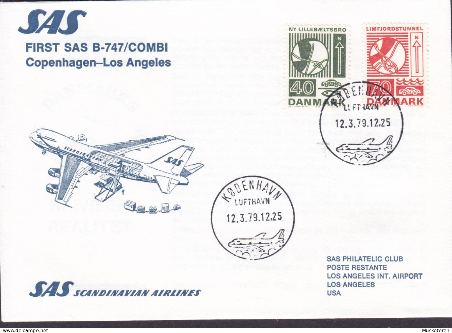 Denmark First SAS B-747/COMBI Flight COPENHAGEN - LOS ANGELES 1979 Cover Brief Lettre Bridge & Tunnel (Cz. Slania) - Airmail