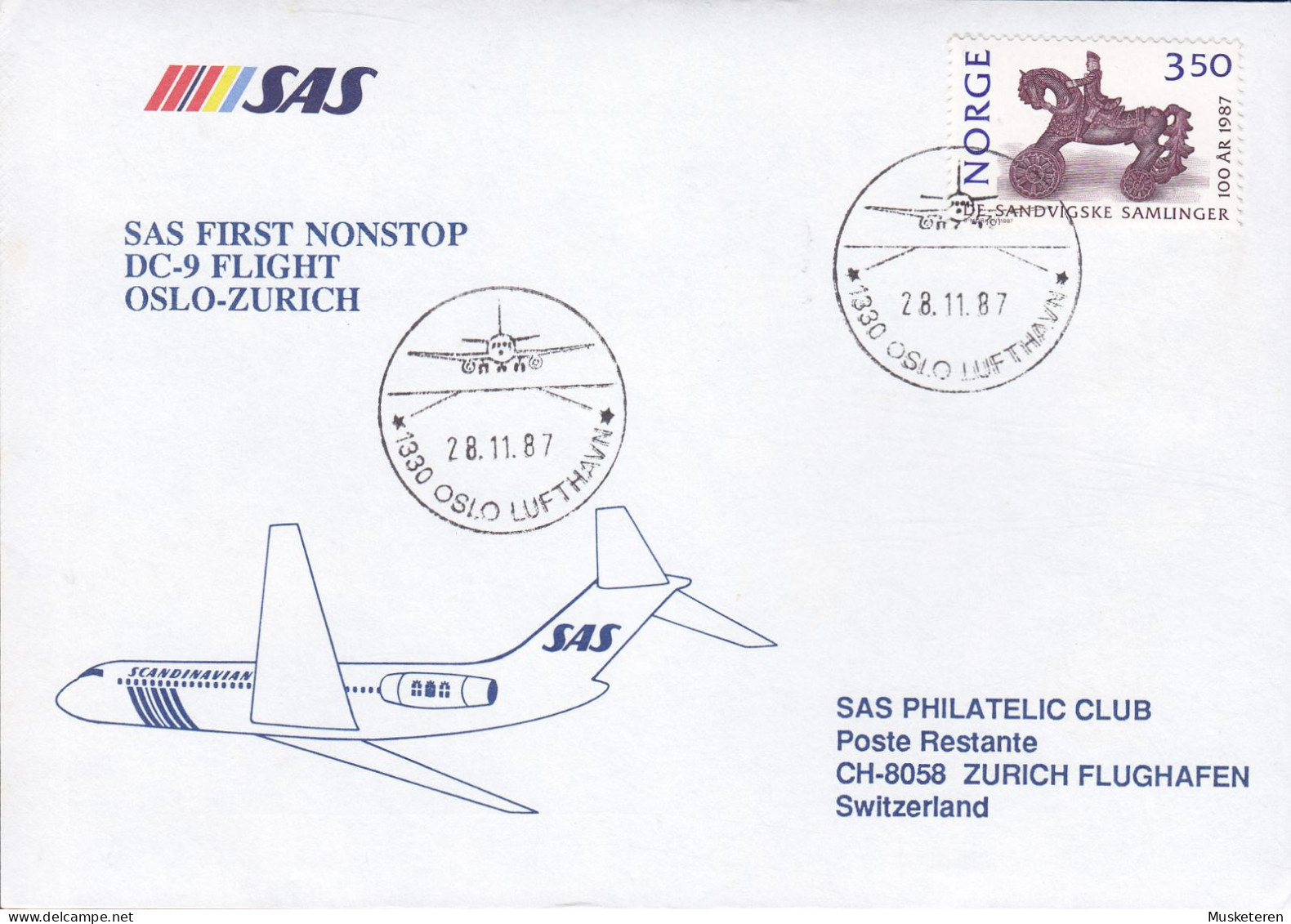 Norway SAS First Nonstop DC-9 Flight OSLO-ZÜRICH 1987 Cover Brief Lettre Sandvigske Samlinger Stamp Horse Pferd Cheval - Covers & Documents