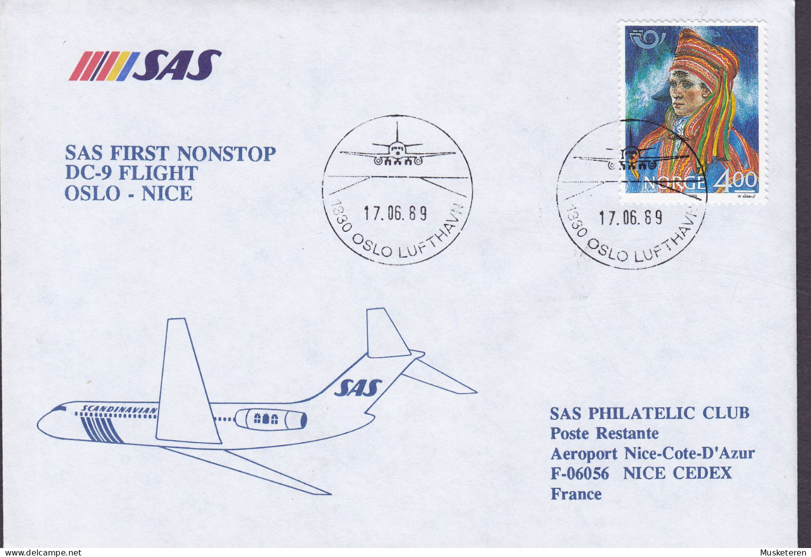 Norway SAS First Nonstop DC-9 Flight OSLO-NICE 1989 Cover Brief Lettre NORDEN Nordia Nordic Joint Issue Stamp - Covers & Documents