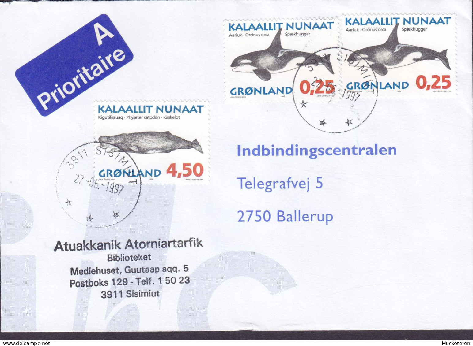 Greenland A-Prioritaire Label SISIMIUT 1997 Cover Brief Lettre BALLERUP Denmark 3x Whale Wale Orca & Kaskelot Stamps - Lettres & Documents