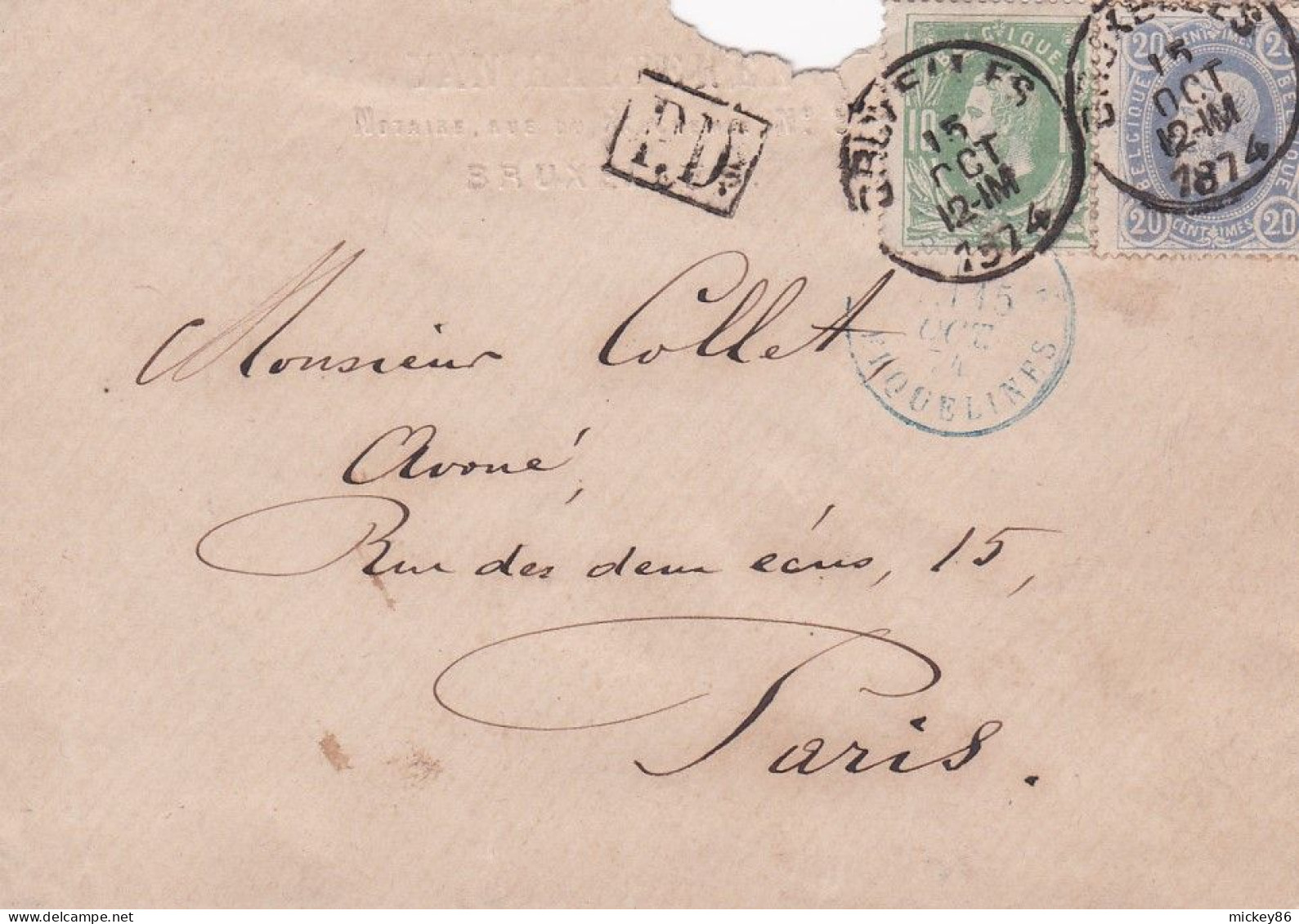 Belgique--1874 --lettre De BRUXELLES  Pour PARIS (France)...timbres....cachets - 1869-1883 Leopold II.