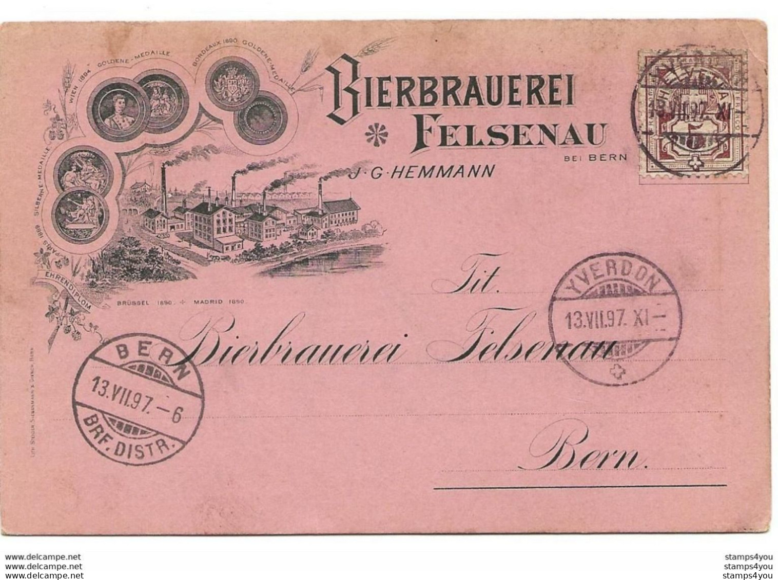 278 - 83 - Carte Suisse "Bierbrauerei Felsenau" Avec Cachets à Date Yverdon Et Bern 1897 - Beers